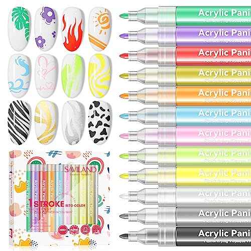 Saviland 12 Colors Nail Art Pens Set - 3D Nail Polish Pens Acrylic Paint Pens Nail Markers for Nail Art Drawing Painting Nail Point Dotting Liner Pen Manicure Tools Nail Design Kit Home Nail Salon DIY