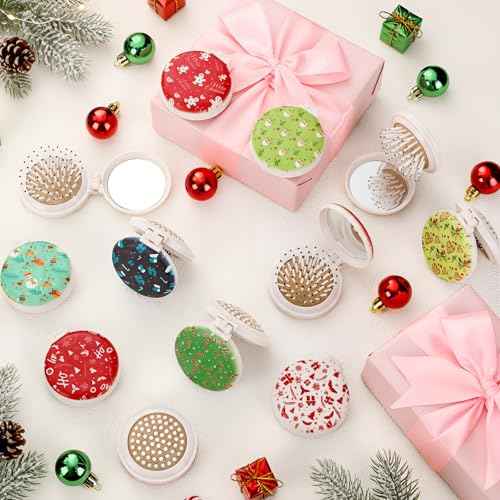 Thyle 12pc Christmas Mini Hair Brush Detangler Brush Folding Mirror Hair Brushes Gift for Christmas Mini Travel Brushes Accessories for Girls Gifts Holiday Supplies Xmas Stocking Stuffers