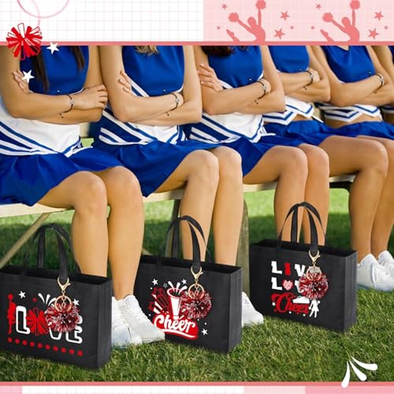 Landical 72 Pcs Cheerleading Gifts 24 Cheer Bags Portable 24 Pom Pom Keychain 24 Cheerleading Bracelet Canvas Cheerleading Makeup Bag Bulk Cheer Gifts Female Teammates Toiletries Accessories(Red)