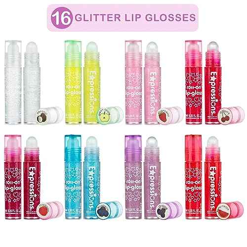 EXPRESSIONS 16pc Roller-Ball Glitter Lip Gloss Set, 8 Assorted Fruit Flavored Roll On Rollerball Lip Gloss for Kids, Safe, Non Toxic Kids Makeup Set