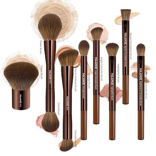 MAANGE 8 PCS Makeup Brush Set Double-end Makeup Brushes for Blending Liquid Powder Concealer Eyeshadow Blush Burshes Set (Brown)