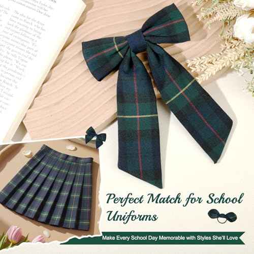 DEEKA 5 Styles Uniform Plaid Long Tail Hair Bows Knotted Headband Scrunchies Bow Set Alligator Clips Back to School Accessories for Toddler Little School Girls (Dark Green, Navy, Red&Yellow 5 Styles)
