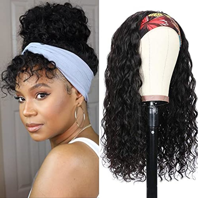 Water Wave Headband Wig Human Hair for Black Women 14 Inch Wet and Wave Headband Wig Brazilian Virgin Hair Glueless None Lace Front Water Wave Wigs Human Hair Natural Black 150% Density