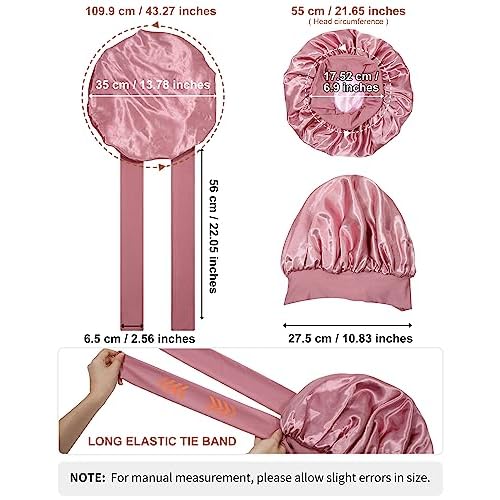 Satin Bonnet for Women Silk Bonnets for Sleeping Curly Hair Bonnet with Elastic Tie Band Reversible Double Layer Sleep Cap Hair Wrap (Bean Paste + Pink)