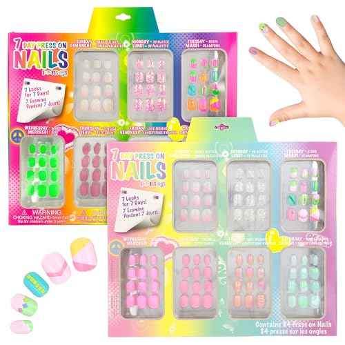 7 Day Manicure Collection - 84PC Press On Nail Set, Day-of-The-Week Adhesive False Nails for Girls (Set of Brights or Pastels) ? Colorful Novelty Designs Stick On Nails for Kids