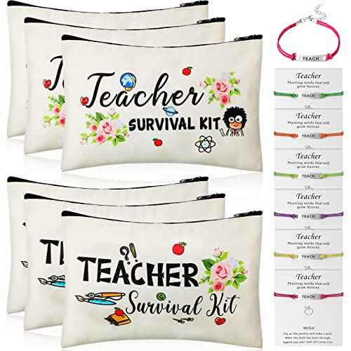 Weewooday 12 Pcs Teacher Appreciation Present Set 6 Teacher Survival Kit Bag Makeup Pouch Pencil Bag, 6 Blessing Card Bracelet Kit(9 x 5.9 Inch,Cute Style)