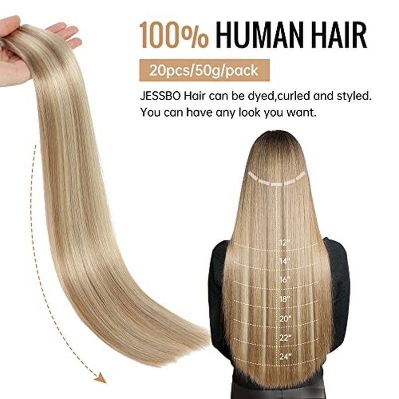 JESSBO Tape in Hair Extensions Human Hair Ash Blonde Highlighted Bleach Blonde 18 inch 20pcs 50g/pack Straight Seamless Skin Weft 100% Real Human Hair (18 Inch #P18/613)