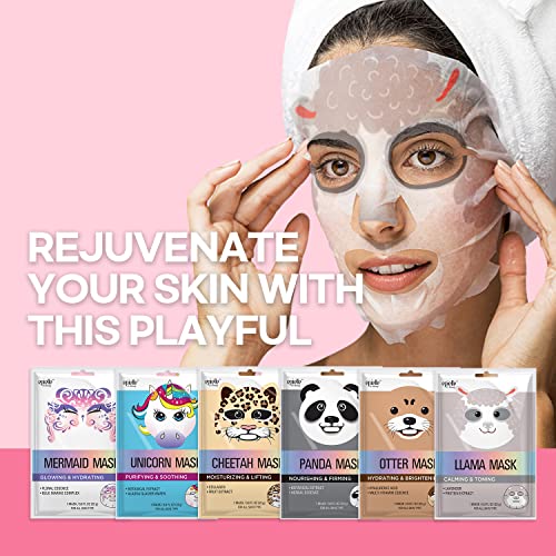 Epielle Animal Character Sheet Masks 6 Pack, Moisturizing & Hydrating Face Mask with Hyaluronic Acid & Botanical Extract, Korean Skin Care, Girls Spa Party Favors, Sleepover, Self Care Gifts for Women
