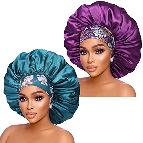 Silk Satin Bonnet Hair Cap: 2pcs 17inch Diameter Extra Large Jumbo Sleeping Satin Bonnets with Comfortable Flower Band - High Density Bonnets for Women Braids Curly Night Cap (Purple & Teal)
