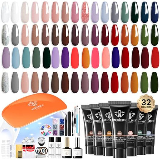 Modelones 133pcs Poly Nail Gel Kit, 32 Colors Gray Brown Green Orange Glossy & Matte Base Top Coat Nail Art Decorations Manicure Tools DIY at Home for Women