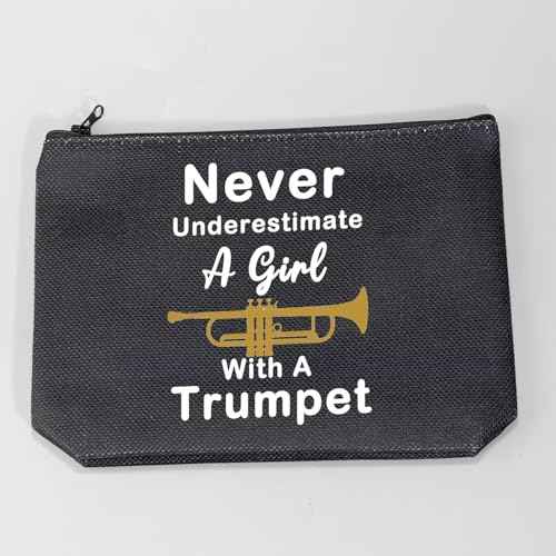LELVO Funny Trumpet Gift Never Underestimate A Girl With A Trumpet Makeup Bags Trumpet Lovers Zipper Pouch (Girl With A Trumpet+black)
