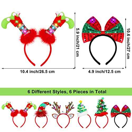 Fovths 6 Pack Christmas Headbands LED Reindeer Head Boppers Xmas Antler Santa Elves Hair Bands for Christmas Holiday Party Accessoriess