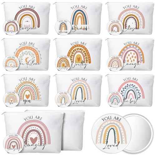 20 Pcs Employee Appreciation Gifts Inspirational Canvas Makeup Bags Compact Mirrors Bulk Cosmetic Bags Portable Mirror Thank You Gifts for Women Boss Medical Assistant Christmas (Rainbow)