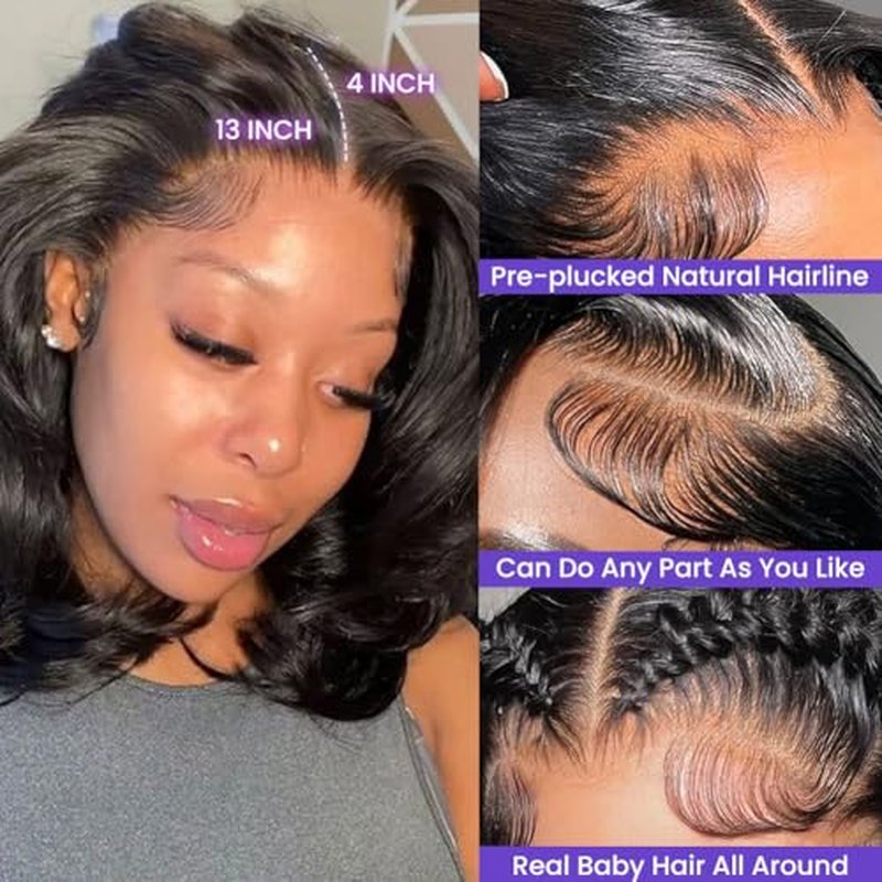 Body Wave Bob Wig Human Hair HD Lace Front Wigs 180% Pre Plucked Density Glueless Wig Natural Black Color 12 Inch for Black Women