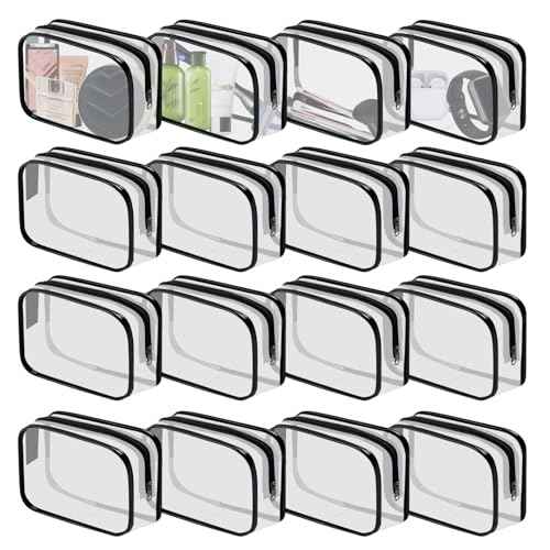 16 Pieces Clear Cosmetic Bags PVC Clear Makeup Bags TSA Approved Toiletry Bag with Zipper Waterproof Vinyl Plastic Organizer Storage Transparent Pouch for Women and Men (Black, Small)