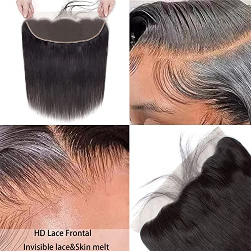 13X4 Ear To Ear Lace Frontal Closure Straight Frontal HD Lace Human Hair 100% Brazilian Virgin Hair 150 Density HD Transparent Lace Natural Black Pre-Pulled Baby Hair (16 Inch)