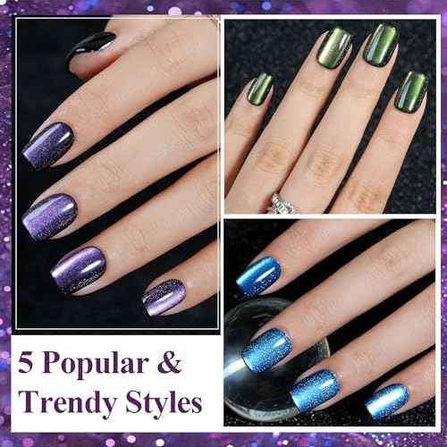 Cat Eye Press on Nails Short 5 Styles, Jofay Fashion 160Pcs Salon-Like Fake Nails with Glitter Chasing Light Cat Eye Designs, Christmas Artificial Acrylic Nails Glue on Nails Stick on Nails for Women