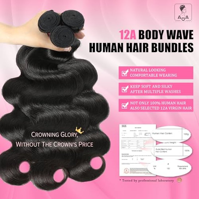 Body Wave Bundles Human Hair 12A Human Hair Bundles 10 12 14 Inch Brazilian Virgin Hair Extensions 100% Unprocessed Human Hair Body Wave 3 Bundle Natural Color