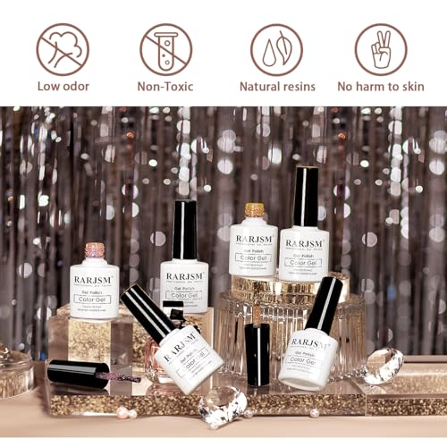 RARJSM Reflective Glitter Gel Nail Polish Set 6 Colors Sparkle Sliver Champagne Gold Pink Orange Black Red Rainbow Sequins Gel Nail Polish Soak Off U V Diamond Gelpolish DIY Salon Manicure at Home