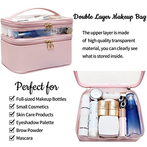 Makeup Bag,Leather Double Layer Large Makeups Organizer Bag,Travel Accessories Dorm Room Essentials Toiletry Bag for Women,Travel Essentials Cosmetic Bag Makeup Case,Mothers Day Gifts Graduation Gifts