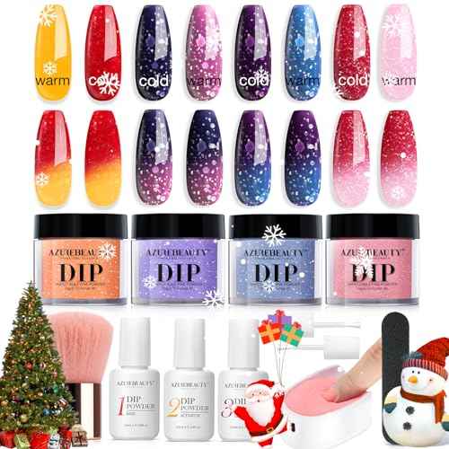 AZUREBEAUTY Color Changing Dip Powder Nail Kit Starter Fall Winter Glitter Pink Blue Purple Orange Mood Temperature Change Dipping Powder Liquid Set with Base Top Coat Activator for Home Manicure Gift