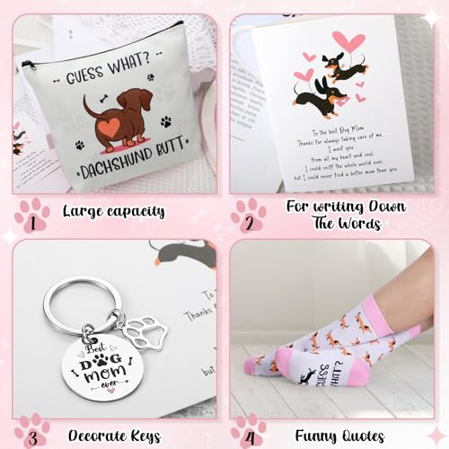6 Pcs Dachshund Gift Set for Women Weiner Dog Makeup Bag Novelty Crew Socks 11oz Coffee Mug Dachshund Lover Basket Gift Set for Mom Daughter Christmas Birthday New Puppy Owners