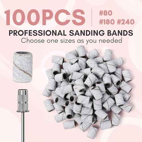 Makartt Sanding Bands for Nail Drill-100 Pcs Nail File Sanding Bands for Drill Bits #180 Medium Grits for Acrylic Nails Gel Removing and Shaping, Upgrade Thicker Durable Sanding Drill Bit, White
