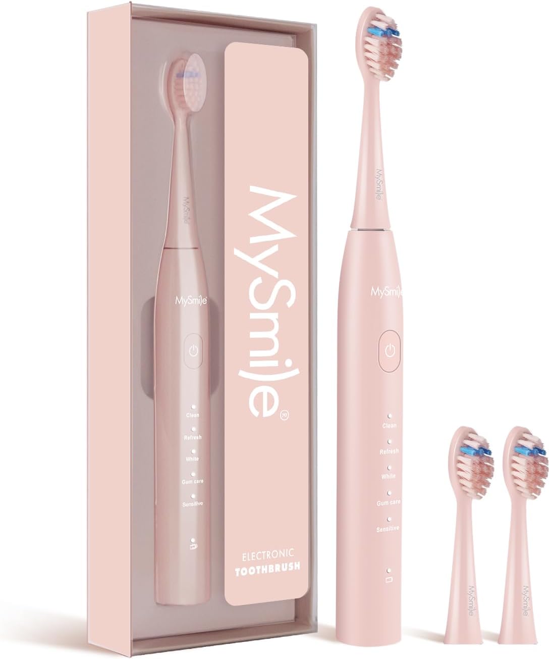 MySmile Electric Toothbrush for Adults - Rechargeable Sonic Battery with 3 Brush Heads & Smart Timer | 45000VPM, Pink