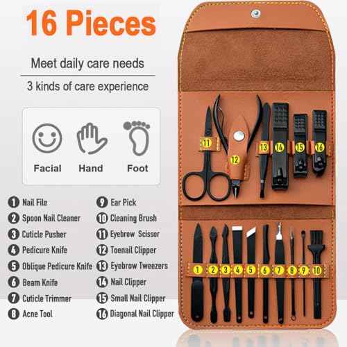Manicure Pedicure Kit, Nail Clippers Set, Fingernail and Toenail Clipper Cutters, 16 Pieces Stainless Steel Professional Nail Care Tools with Travel Leather Case for Men Women Gift
