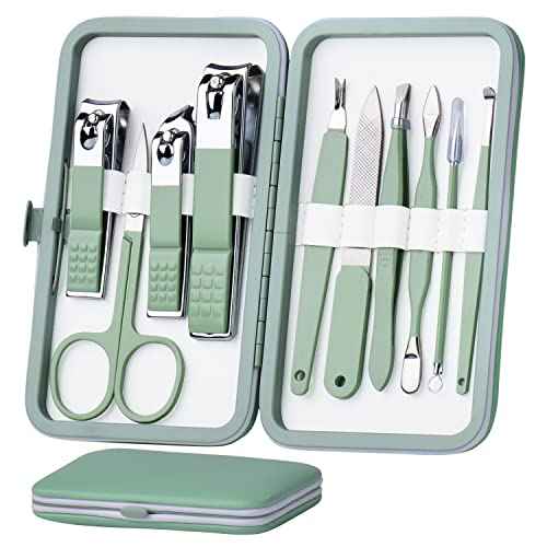 Manicure Set 10 in 1 Stainless Steel, Nail Clippers Scissors Pedicure Tools Kit - Portable Travel Grooming Kit for Men and Women with Leather Case (Jade Green)