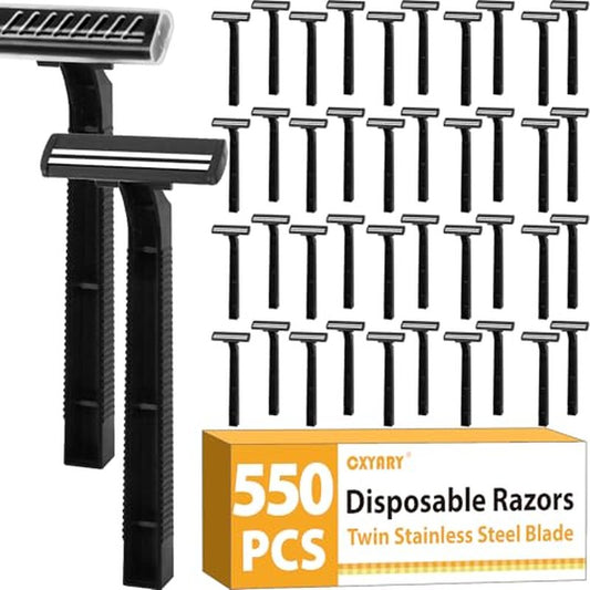 CXYARY 550 Pcs Twin Blade Disposable Razors With Clear Safety Cap, Shaving Razors Bulk for Men &Women, Stainless Steel Blade, Multipurpose Portable Shave Razor for Bathing Hotel Travel, Black
