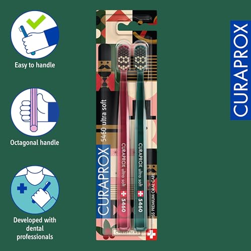 Curaprox Manual Toothbrush ? Christmas Edition 2023 | Ultra-Soft for Sensitive Teeth and Gums | 2-Pack, Festive Red and Green