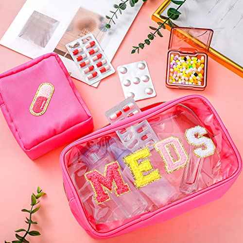 Hillban 2 Pcs Medicine Chenille Letter Bag Preppy Clear Nylon Portable Makeup Meds Cases for Travel PVC Transparent Mini First Aid Storage Bag Gift for Christmas Women(Lovely)