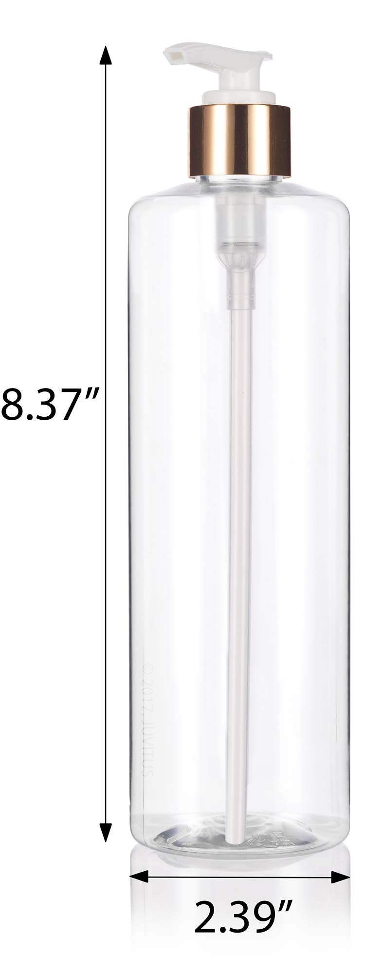 JUVITUS 16 oz / 500 ml Clear Professional Cylinder PET Plastic Bottles with Gold Lotion Pump (12 pack)
