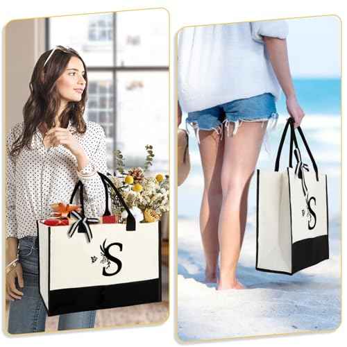Personalized Gifts for Women - Initial Canvas Tote Bag & Makeup Bag, Custom Bags for Beach, Christmas, Wedding, Birthday, Holiday, Monogram Birthday Gifts for Women, Mom, Wife, Teacher, Friend - S