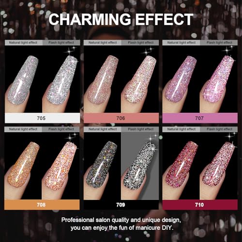 RARJSM Reflective Glitter Gel Nail Polish Set 6 Colors Sparkle Sliver Champagne Gold Pink Orange Black Red Rainbow Sequins Gel Nail Polish Soak Off U V Diamond Gelpolish DIY Salon Manicure at Home