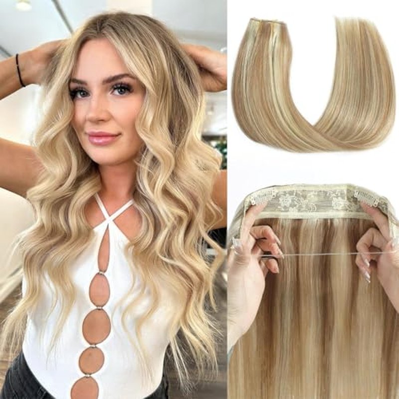 Star Show Wire Hair Extension Human Hair For Women Ash Blonde 16# with Bleach Blonde 613# Natural Straight Hair One Piece for Full Head (16 inch, Highlight Color #16/613)