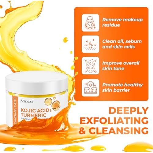 Turmeric Kojic Acid Cleansing Pads (60 pcs), Face Cleansing & Exfoliating for All Skin Types, Hydrating Turmeric Pads with Hyaluronic Acid, Vitamin C for a Radiant Look, Ideal Christmas Gift.
