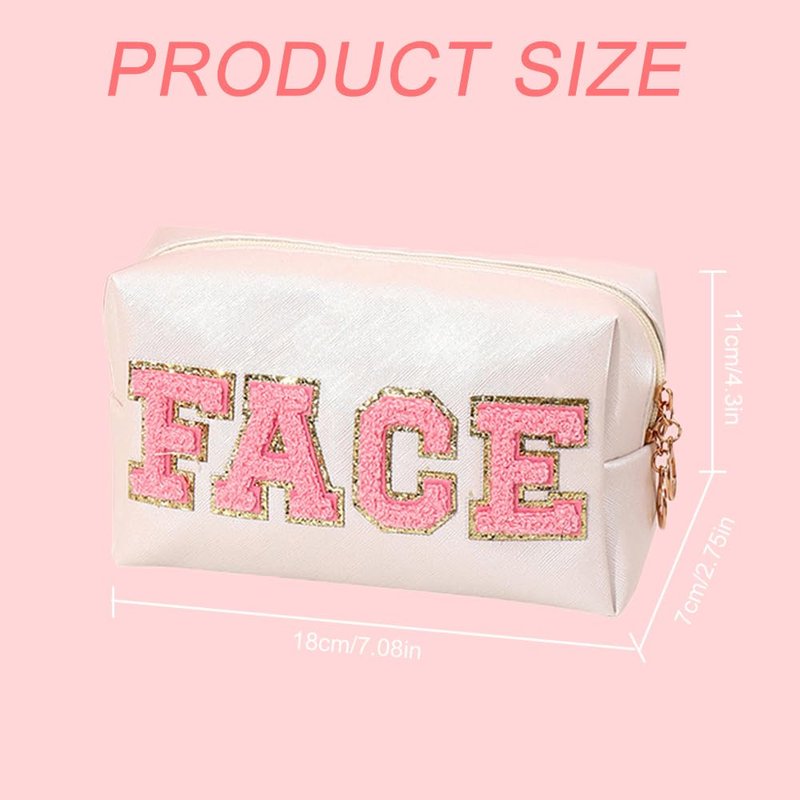 Kaxich 4 Pcs Preppy Patch Makeup Bag, Chenille Letter Cosmetic Bag with Zipper, PU Leather Toiletry Bag Skincare Bag Travel Makeup Pouch for Makeup Washing Nursing, Face Hair Skin Bath Makeup Bag