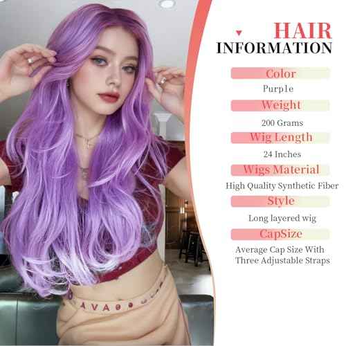 Purple Wig with Bangs Long Wavy Purple Layered Wig with Curtain Bangs for White Black Women,Synthetic Layered Long Wavy Shaggy for Women 24inch