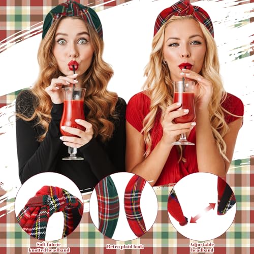 Yilloog 2pcs Christmas Headbands for Women Knotted Buffalo Plaid Hairband Fashionable Wide Top Knot Hair Bands Hair Accessories for Xmas Gifts