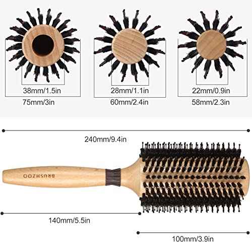 BRUSHZOO Round Brush for Blow Out Styling, Curling, Straightening for Women & Men - Wooden Brush with AddShine Volume (2.4 Inch)
