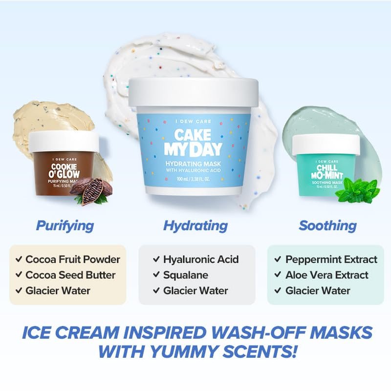 I DEW CARE Wash Off Face Mask Set - Sundae Scoop | Hydrating & Soothing Skincare Kit for Teens