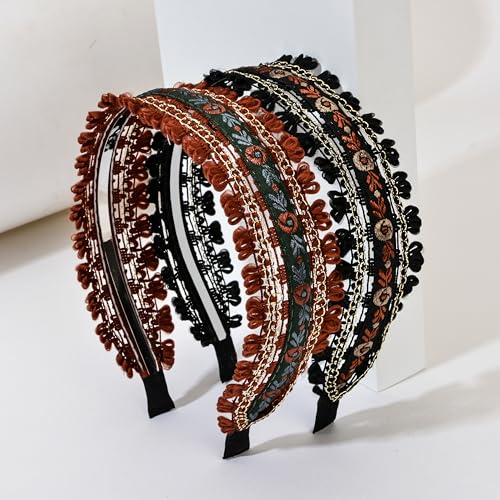 Boho Ethnic Wind Embroidery with Floral Headband Non-slip Elastic Brown Metal Hairband Wedding Vacation Headband for Woman Girls