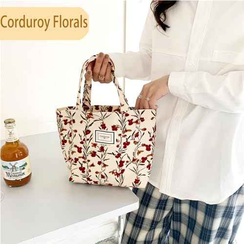 2PCS Small Tote Bag for Women Mini Canvas Embroidered Daisy Book Tote Bag Cute Corduroy Aesthetic Floral Reusable Bags for Grocery, Essentials, Water Bottle, Keys, Book, Bible