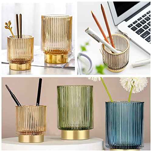 DASITON Makeup Brush holder Organizer,Crystal Cosmetic Makeup Brush Glass Brushes Storage Holder, Vintage Make Up Brush Cup Pen Pencil Holder striped vase(Coffee L)