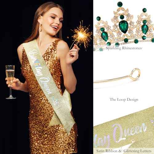 Green Birthday Crown and Sash Tiara for Women and Girls, Crystal Rhinestone Tiara for Birthday Party, Wedding, Quinceanera, Prom, Festival, EF8277