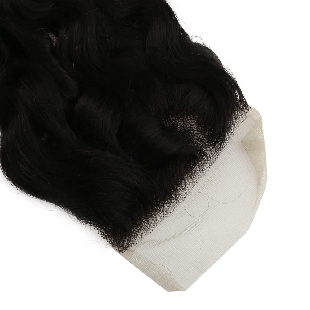 Full Shine 4 * 4 Lace Closure Hair Extensions 18 Inch Deep Wave Brazilian Real Human Hair Nature Black Remy Hair with Invisible Lace Closure for Women