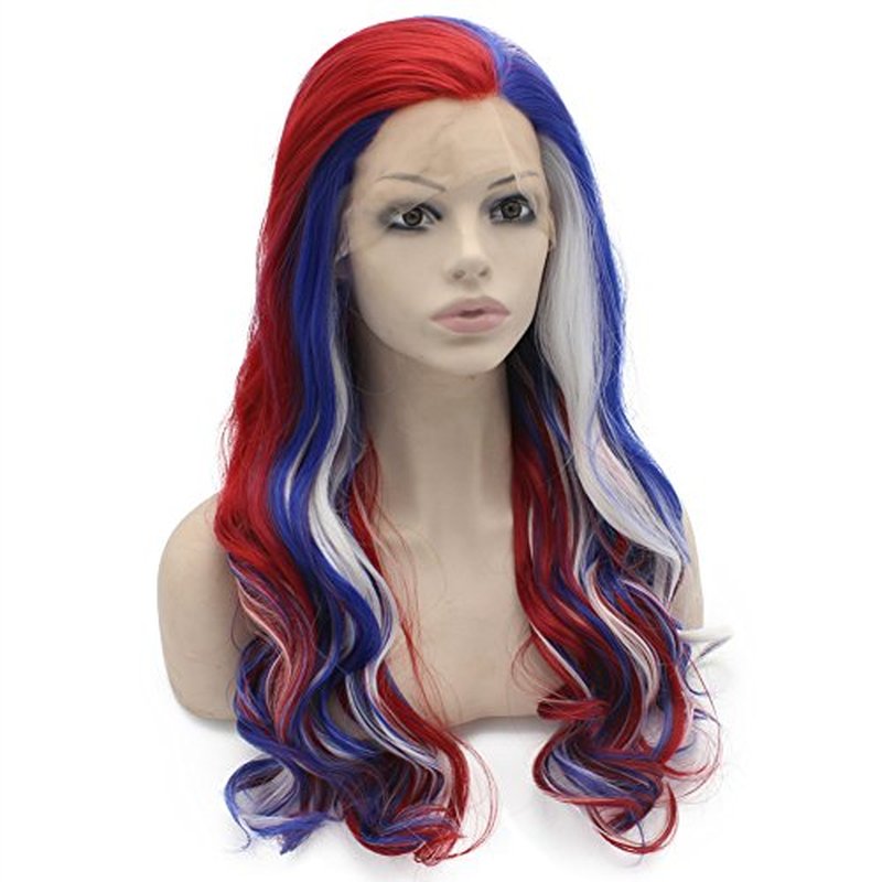MX angel Long Wavy Swiss Lace Front Blue Red White Mix Colorful Cosplay Party Wig