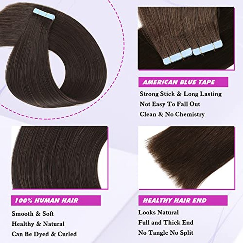 Tape in Hair Extensions Human Hair Dark Brown Straight Hair Extensions Tape in Human Hair 20 Pcs/Pack 50g
